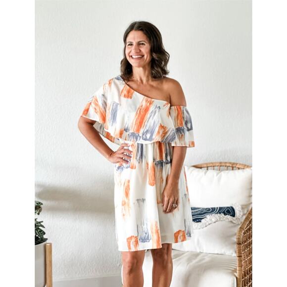NWT Gilli One Off Shoulder Ruffle Abstract Brush Stroke Dress Orange Blue Large - Picture 1 of 11